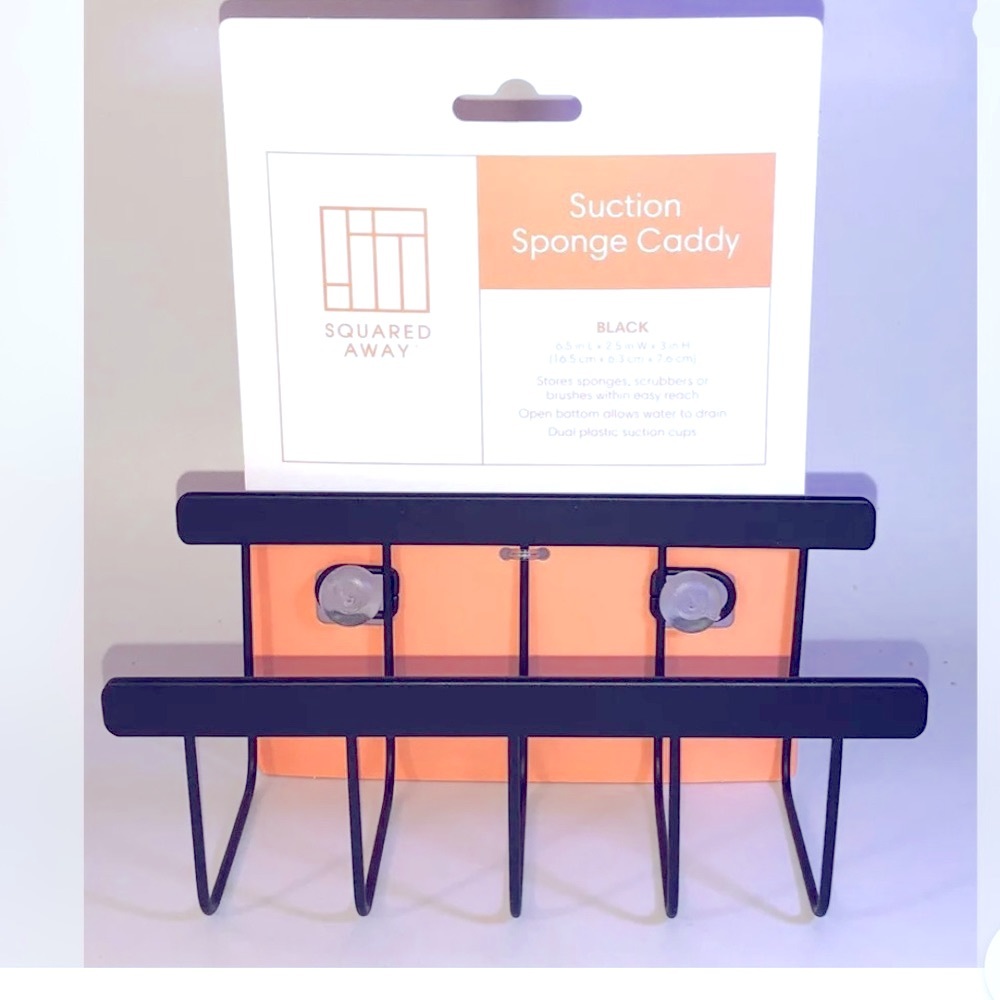 Squared Away Suction Sponge Caddy Holder Black for Sink/Kitchen